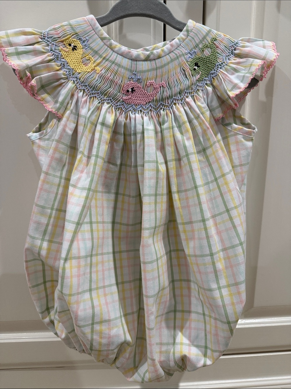 Delaney Smocked Plaid Bubble Romper with Pastel Whales - Pink/Yellow/Green